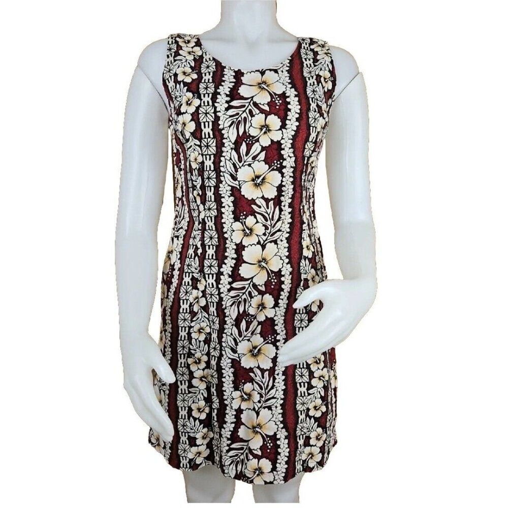 Hawaiian Flavor Tapa Cloth Print Dress M Brown Handmade Sleeveless Cotton Floral